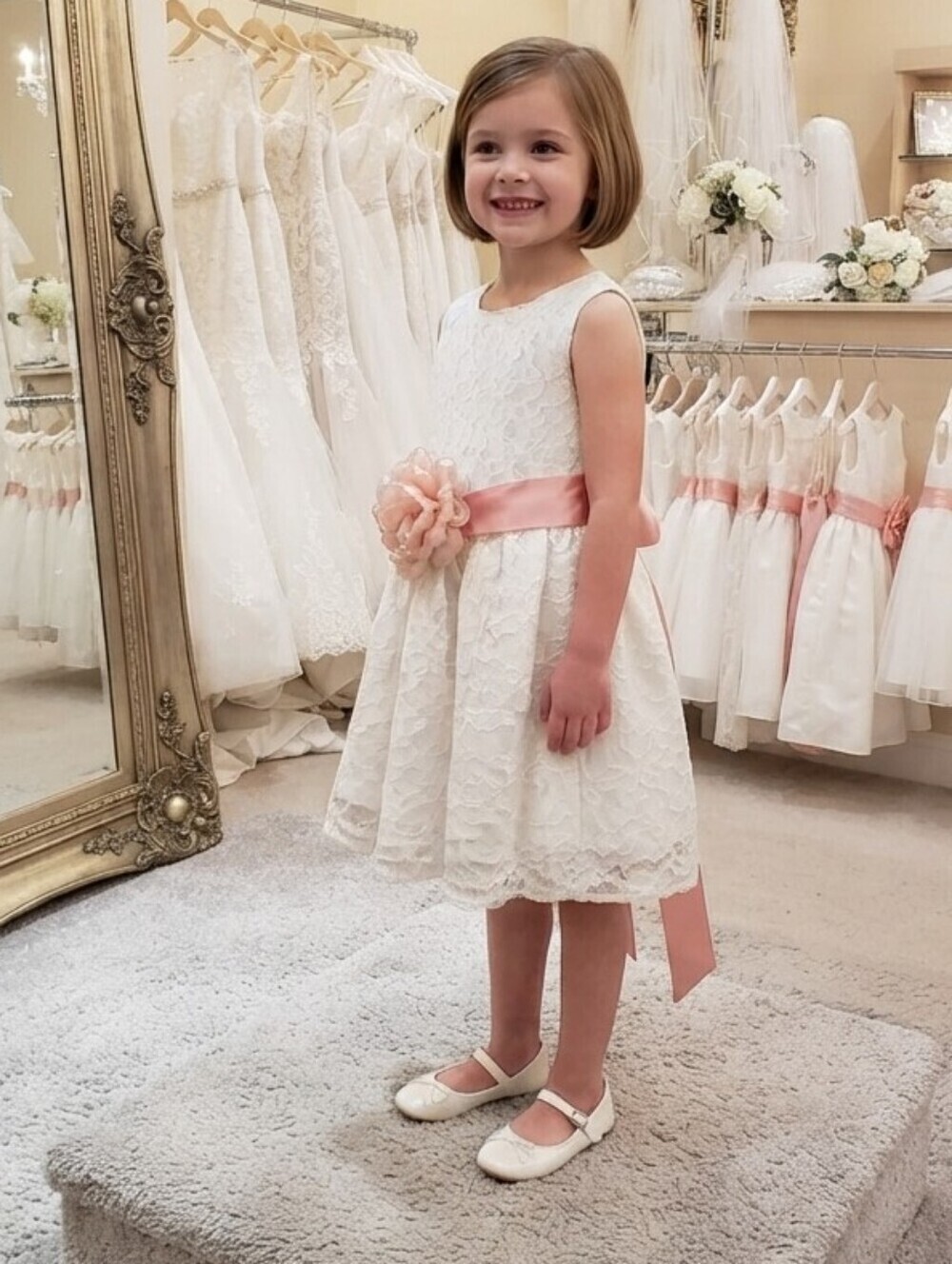 UBaby Charming White Lace Dress w/ Pink Bowed Removable Sash, S100-3T/4T, NWOT